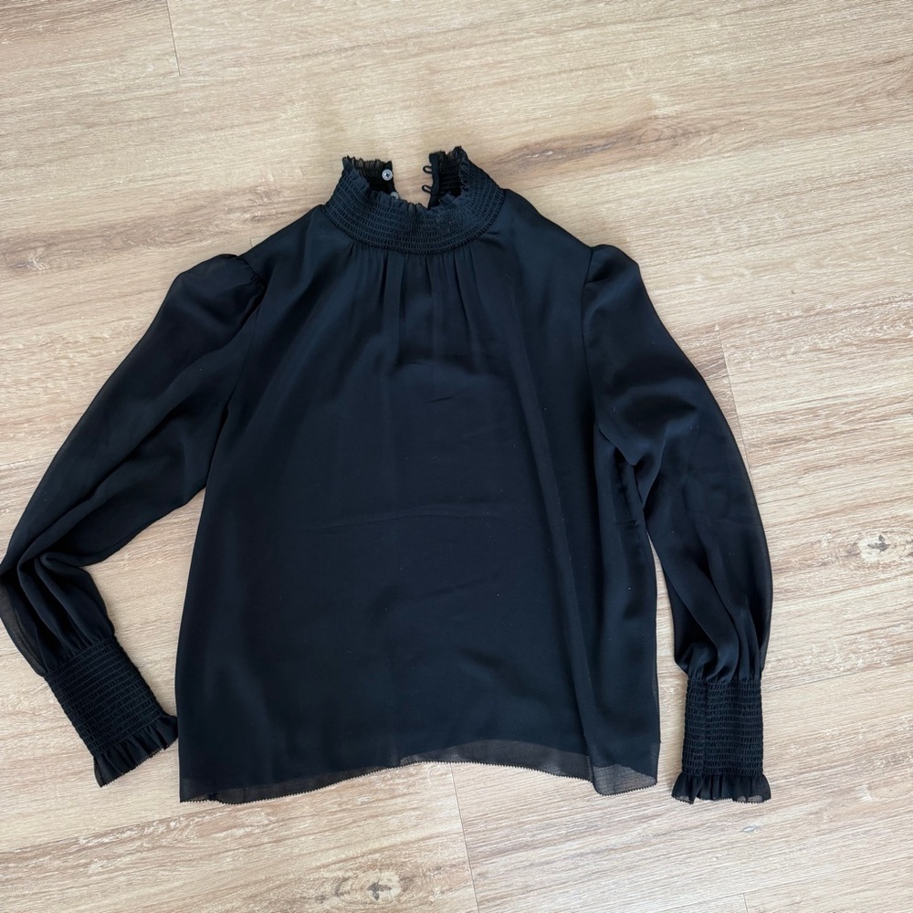 Wilfred (Aritzia) Black Smocked High-Neck Long Sleeve Blouse